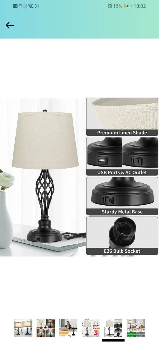 European-style alloy bedside table lamp with touch controls and USB charging socket in silver metallic finish