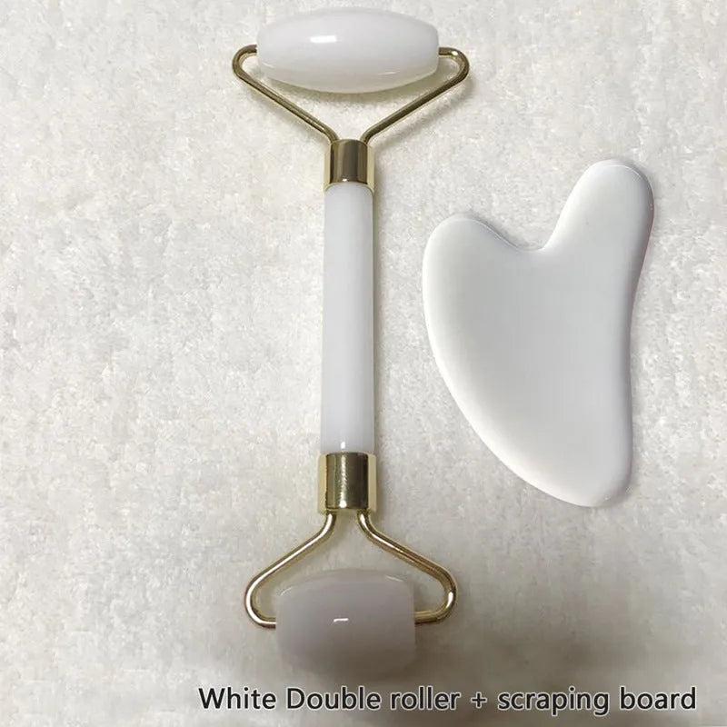 Two-piece resin gua sha roller set for face massage in black, pink, and green jade handle options