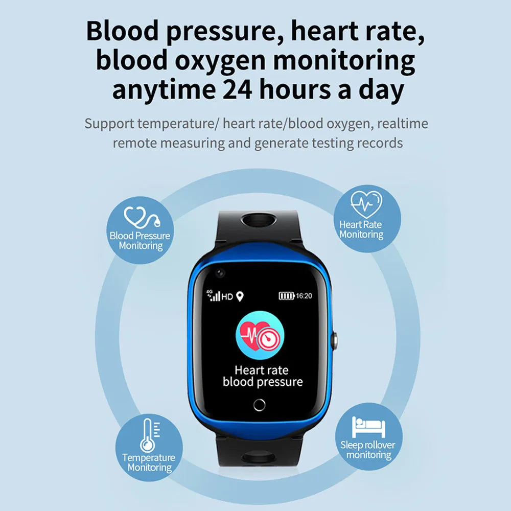 Square smart watch for elderly with GPS tracking, SOS button, and heart rate monitoring on silicone strap