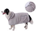 Blue adjustable dog bath robe towel wrapped around a dog, showing sizing chart for XS, S, M, L, and XL.