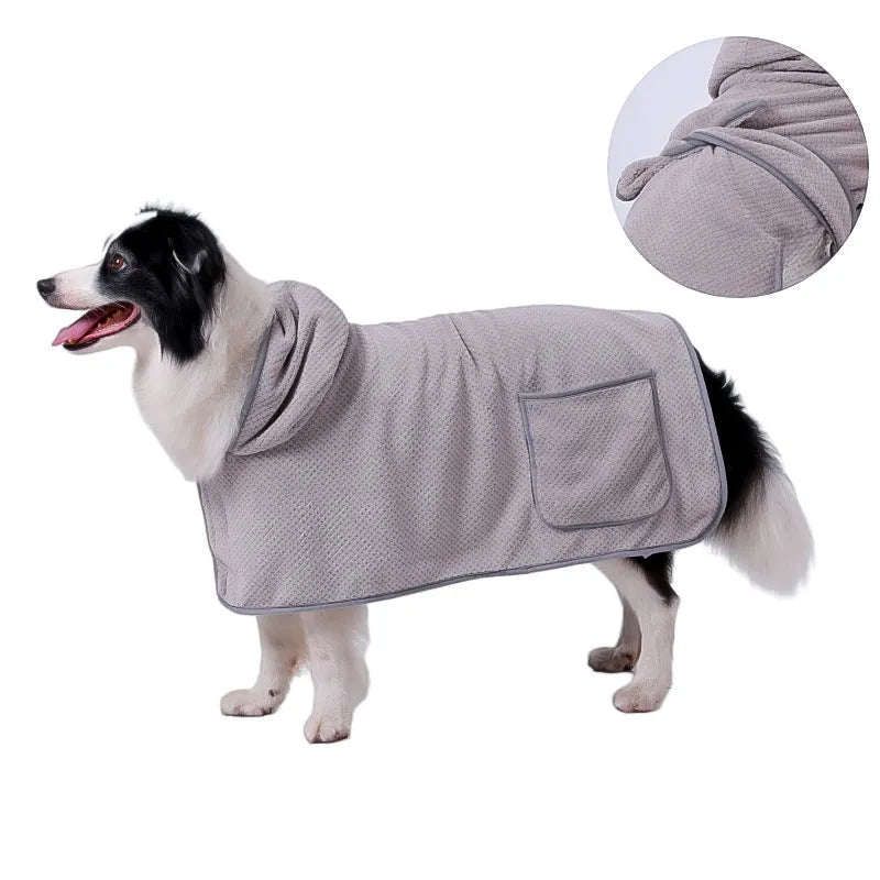 Blue adjustable dog bath robe towel wrapped around a dog, showing sizing chart for XS, S, M, L, and XL.