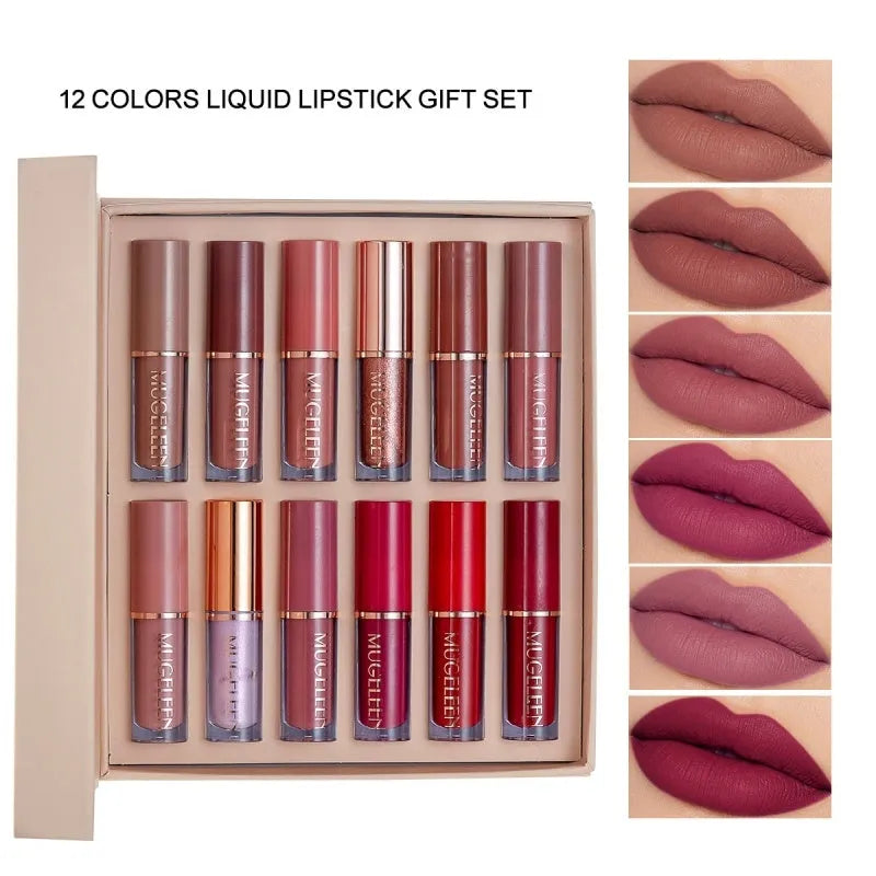 Matte shimmer lip glaze set with 12 lipsticks in nonstick cup packaging
