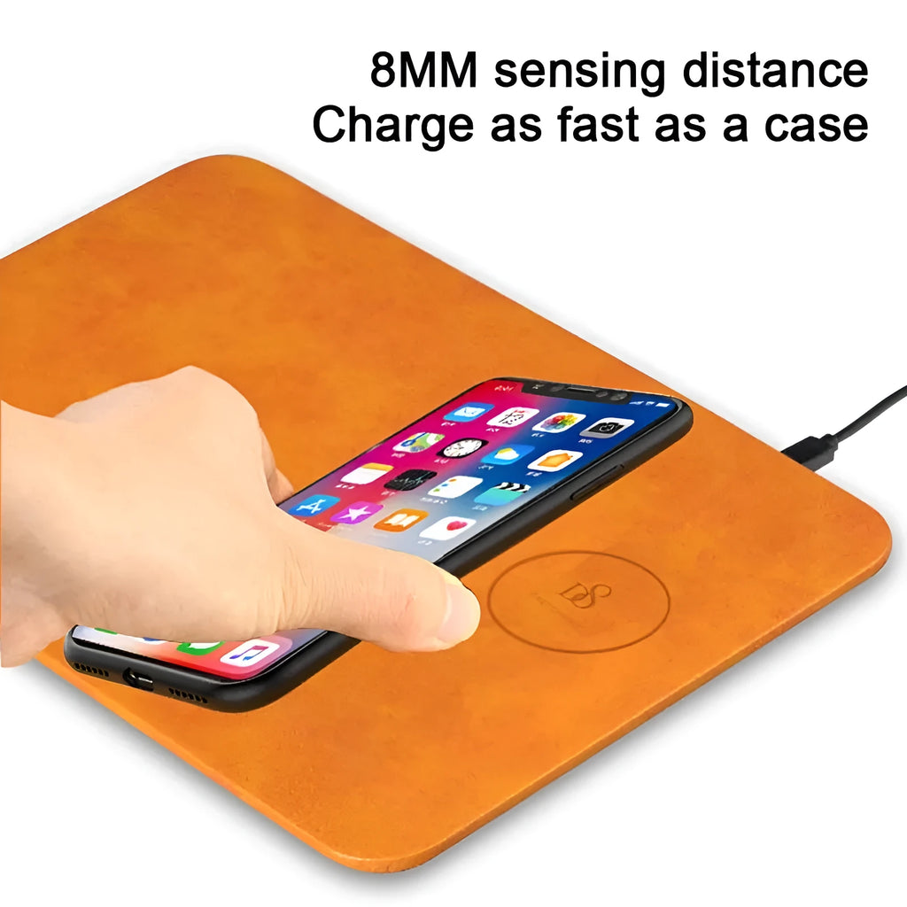 Brown leather-textured wireless charging mouse pad with a Micro USB port for fast Qi charging.