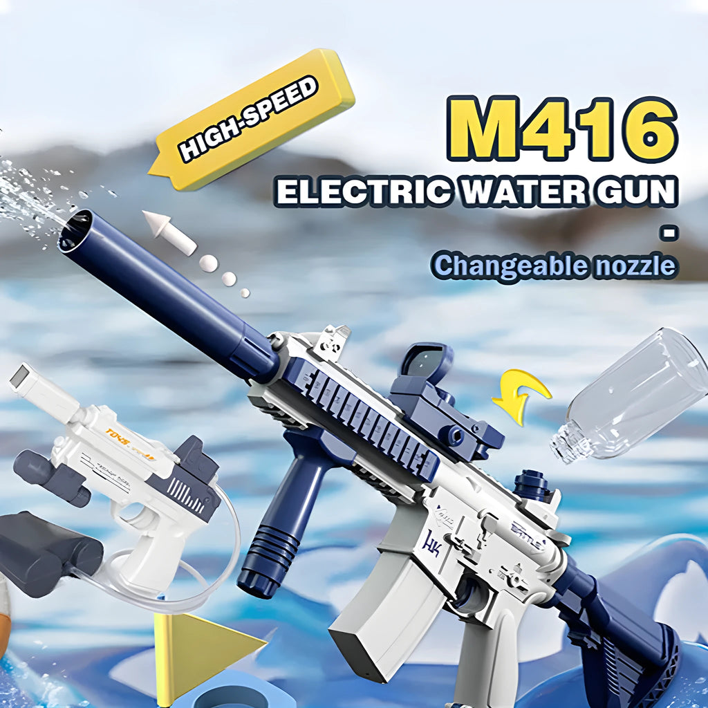Blue automatic electric water gun with USB charging port held in a child's hand, ready for summer outdoor play.