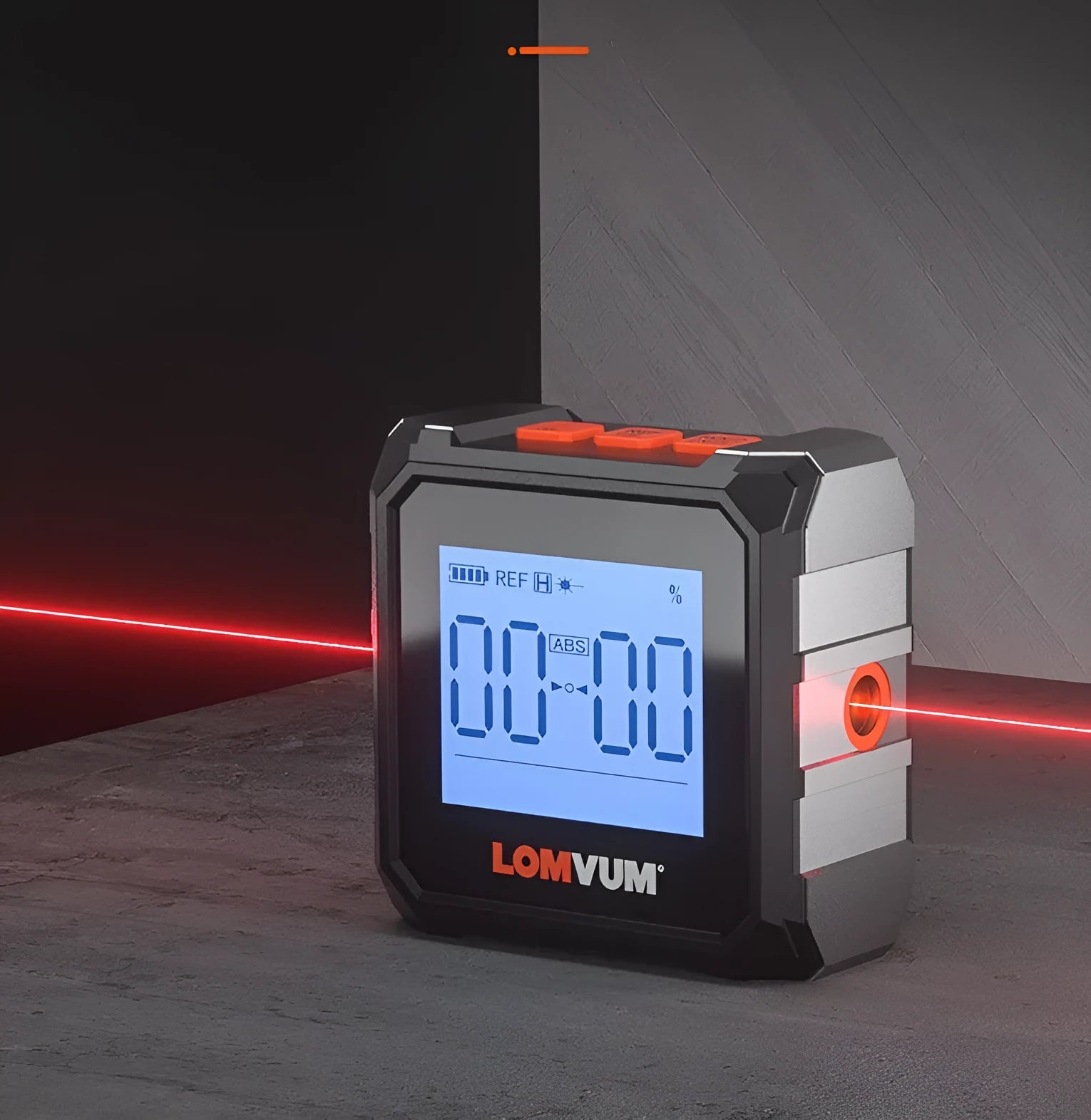 Digital laser infrared tape measure inclinometer with alloy casing and magnetic strips on a metal surface.