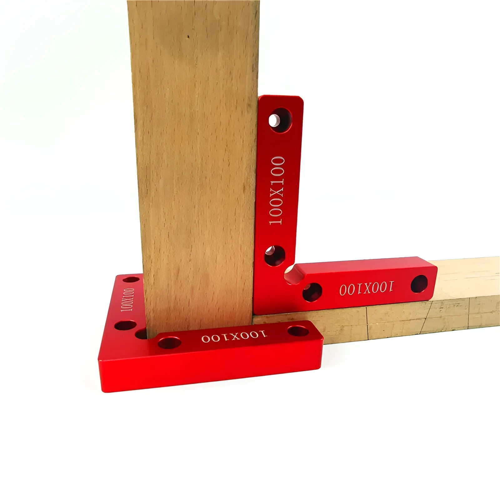 Aluminium right angle positioning block for clamping a woodworking jigsaw, showing measurement scale.