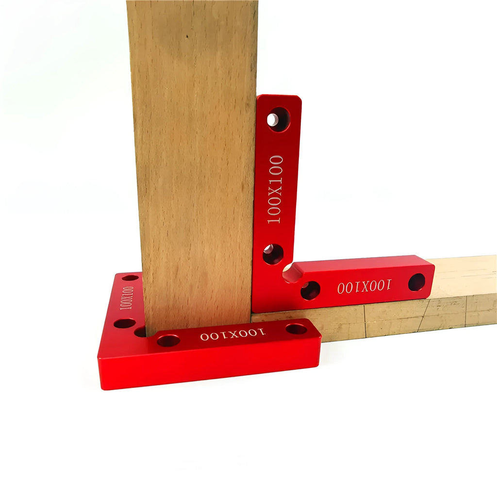 Aluminium right angle woodworking fixture block with measurement scale in 100mm and 120mm sizes.
