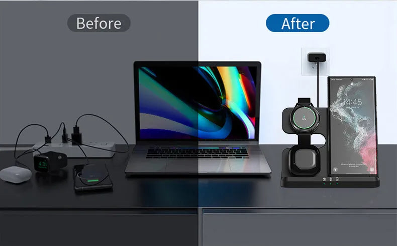 Vertical 3-in-1 wireless charging stand for mobile phone, smartwatch, and headphones on a desk.