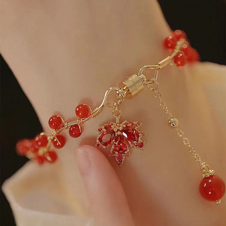 Red ginkgo leaf charm magnetic bracelet with Chinese style design and alloy construction
