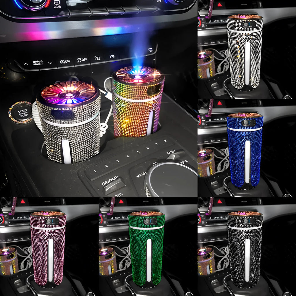 Colourful diamond-style car humidifier with LED lights on a car dashboard
