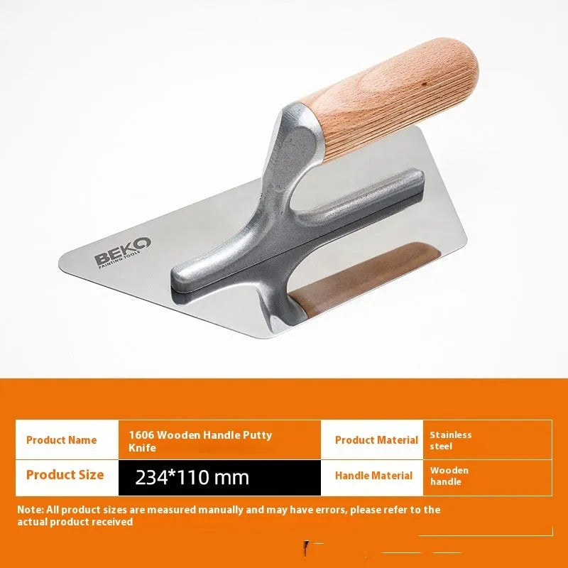 Stainless steel putty scraper with wooden handle showing three blade size options for floor and wall application