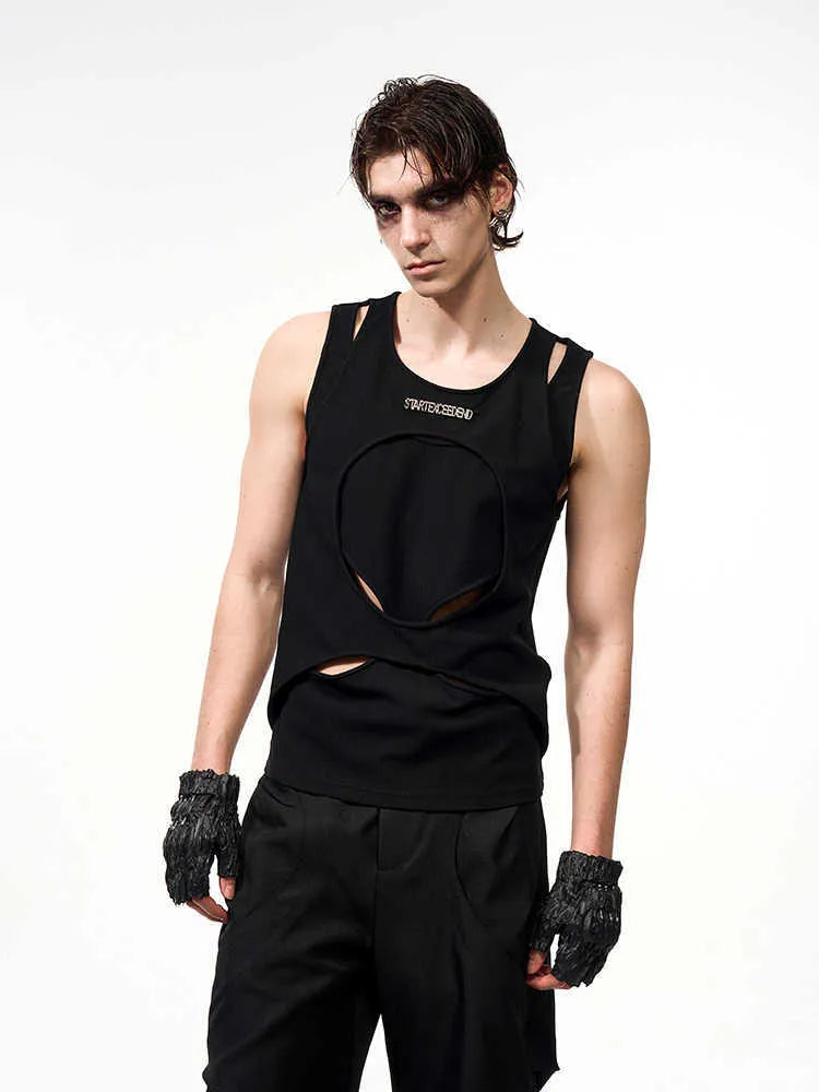 Men's black and white sleeveless waistcoat vest with round neck and hollow thread construction.