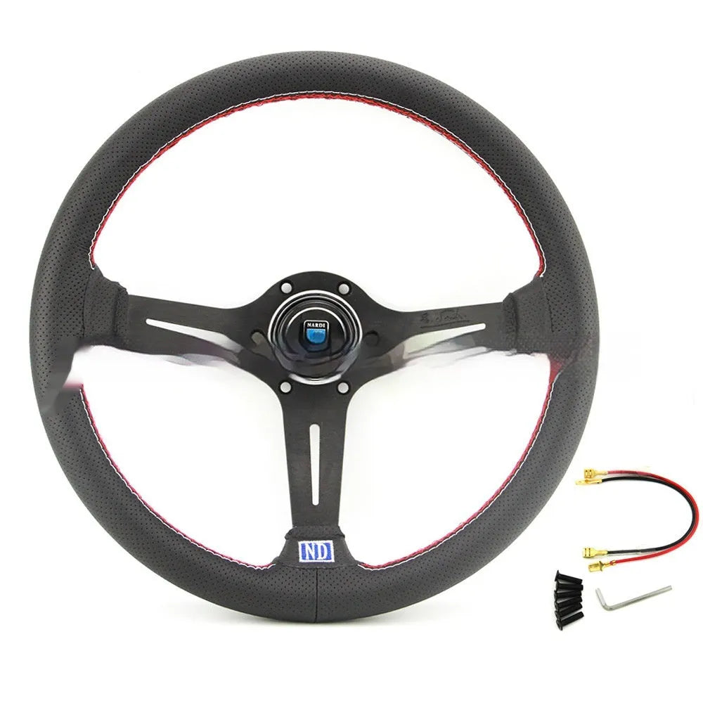 14-inch leather sports steering wheel with a middle concave design and black skeleton.