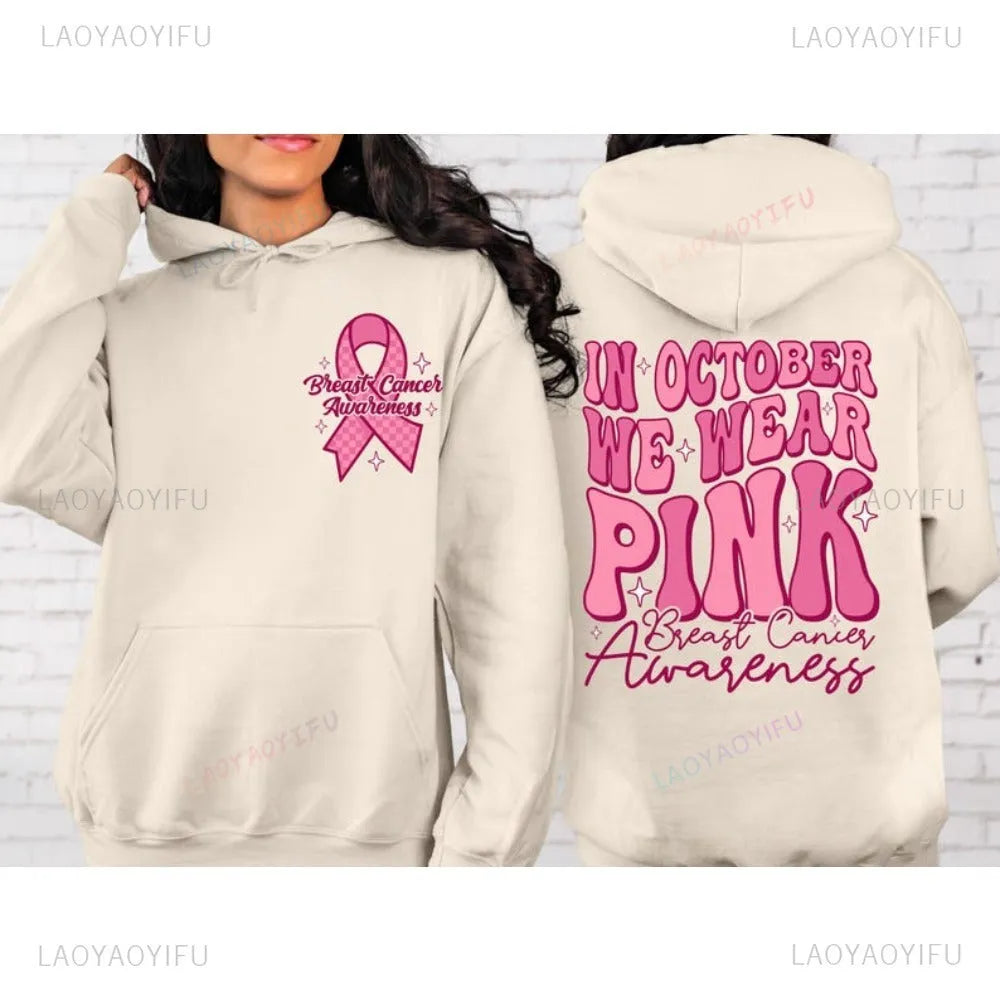 Pink Breast Cancer Awareness pullover hoodie with art retro design and a side seam pocket.