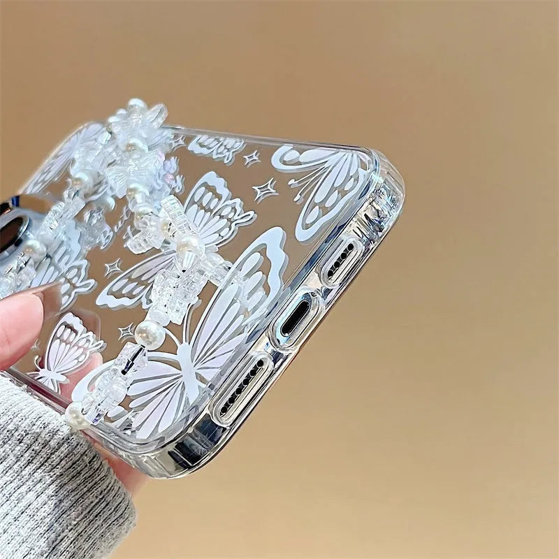 Transparent iPhone case with three-in-one mirror design and bow decoration for iPhone 15 Pro Max