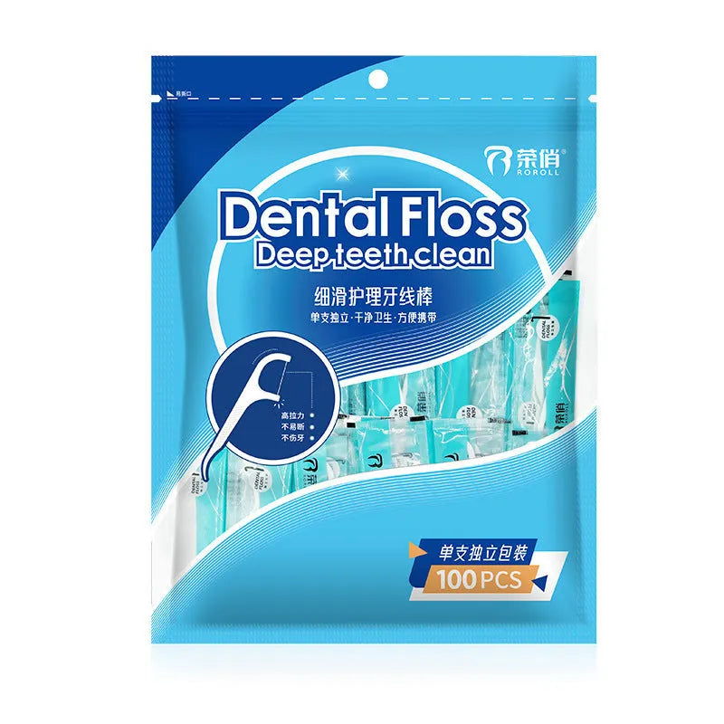 Disposable dental floss in portable bag with individually packaged strands for hygienic daily use