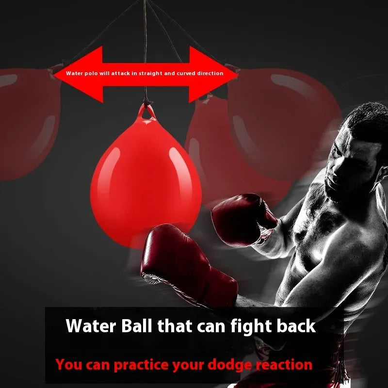 Red PVC water-filled boxing reaction ball with black hook rope sling for speed training.