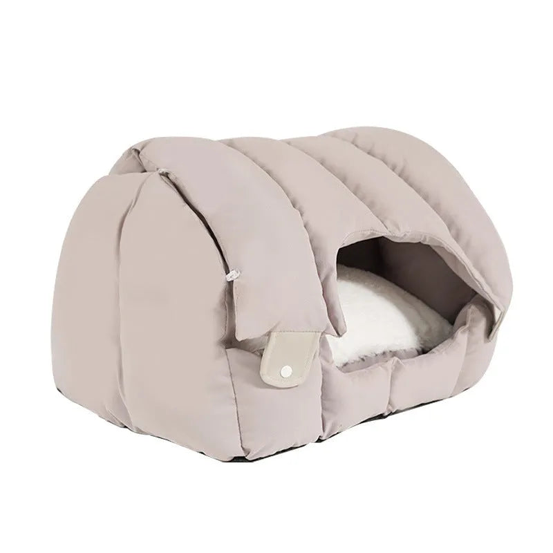 Grey arched cat nest with removable cover shown in both enclosed and open sofa configurations
