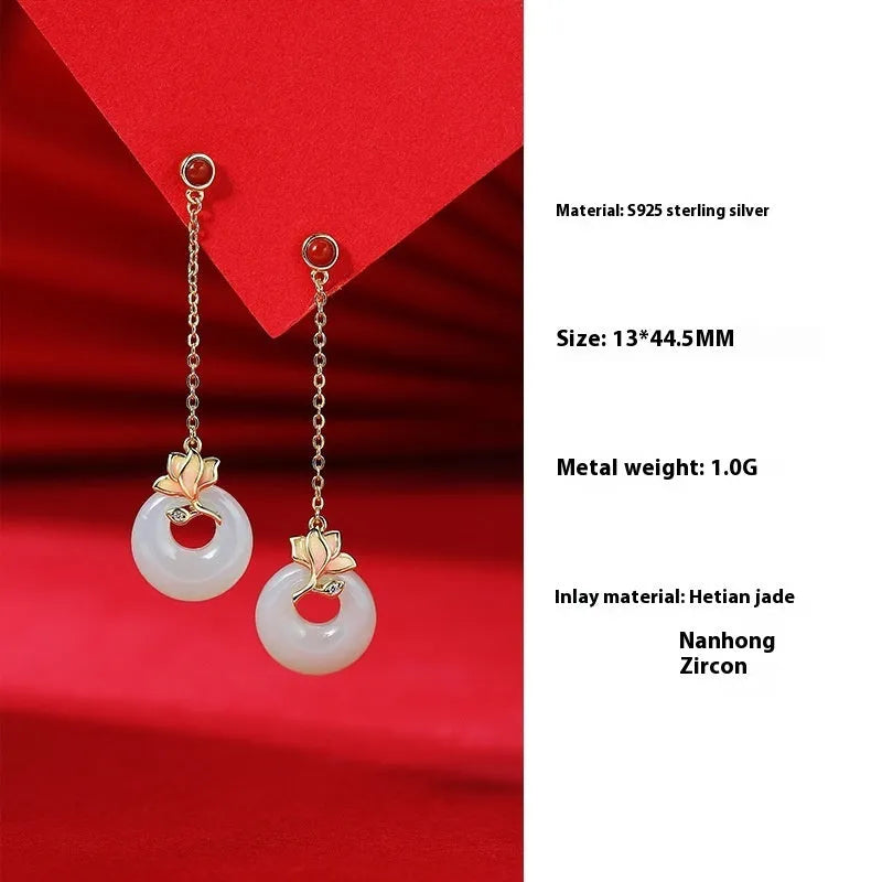 S925 Sterling Silver necklace, bracelet and earrings set with inlaid Hetian Jade magnolia flower design.