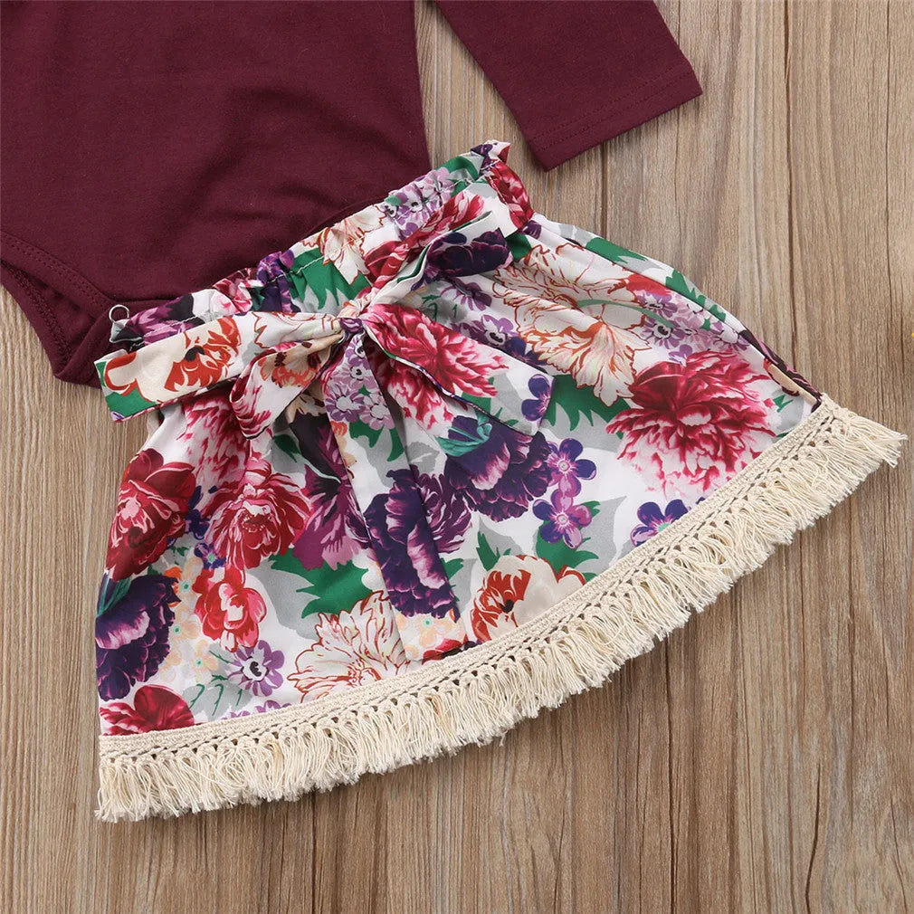 Ramia Ruffle Set for baby girls: pink long sleeve ruffle top with floral skirt and headband