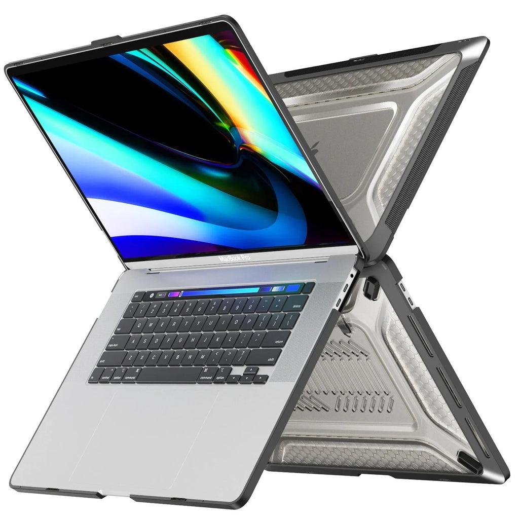 Hard protective shell case for a MacBook laptop in a choice of four colours: cool black, elegant apricot, sapphire blue, and starry sky grey.