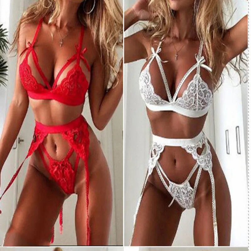 Red lace lingerie set for women showing bra and briefs with intricate lace detailing and adjustable straps
