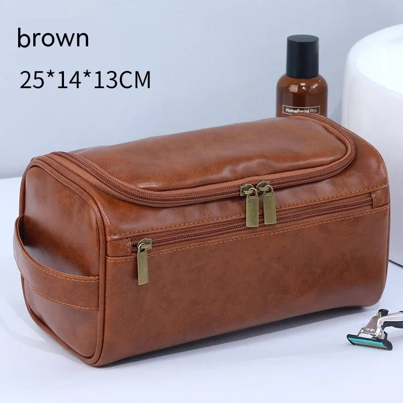 Large capacity men's waterproof cosmetic bag in upgraded high-grade PU brown colour with zip closure