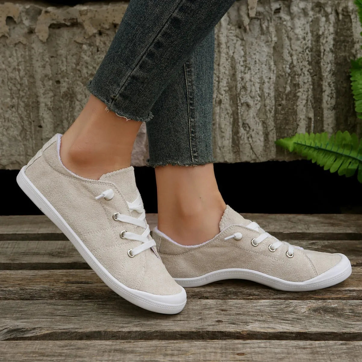 Women's creamy white fabric casual sneakers with rubber sole, low-top design