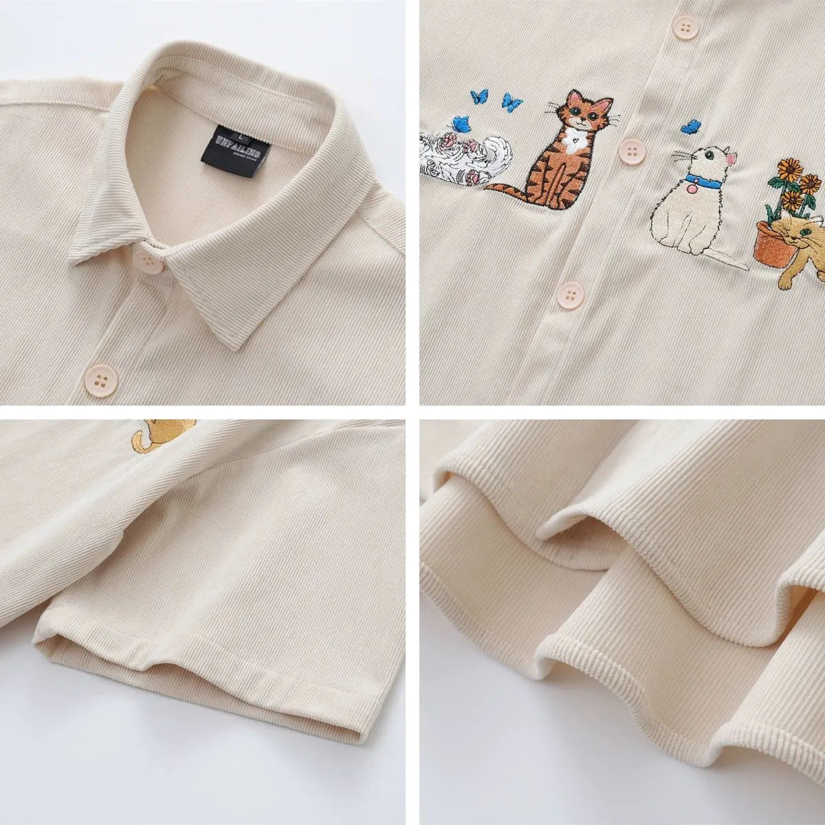 Loose cardigan shirt with cartoon embroidery in apricot colour, loose fit design
