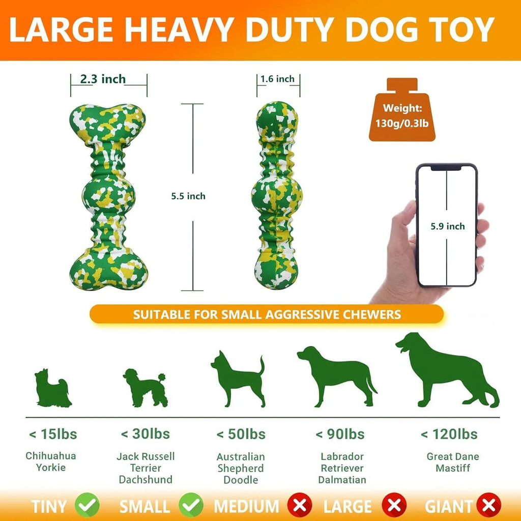 Green, white, and yellow camouflaged natural rubber bone-shaped chew toy for large dogs.