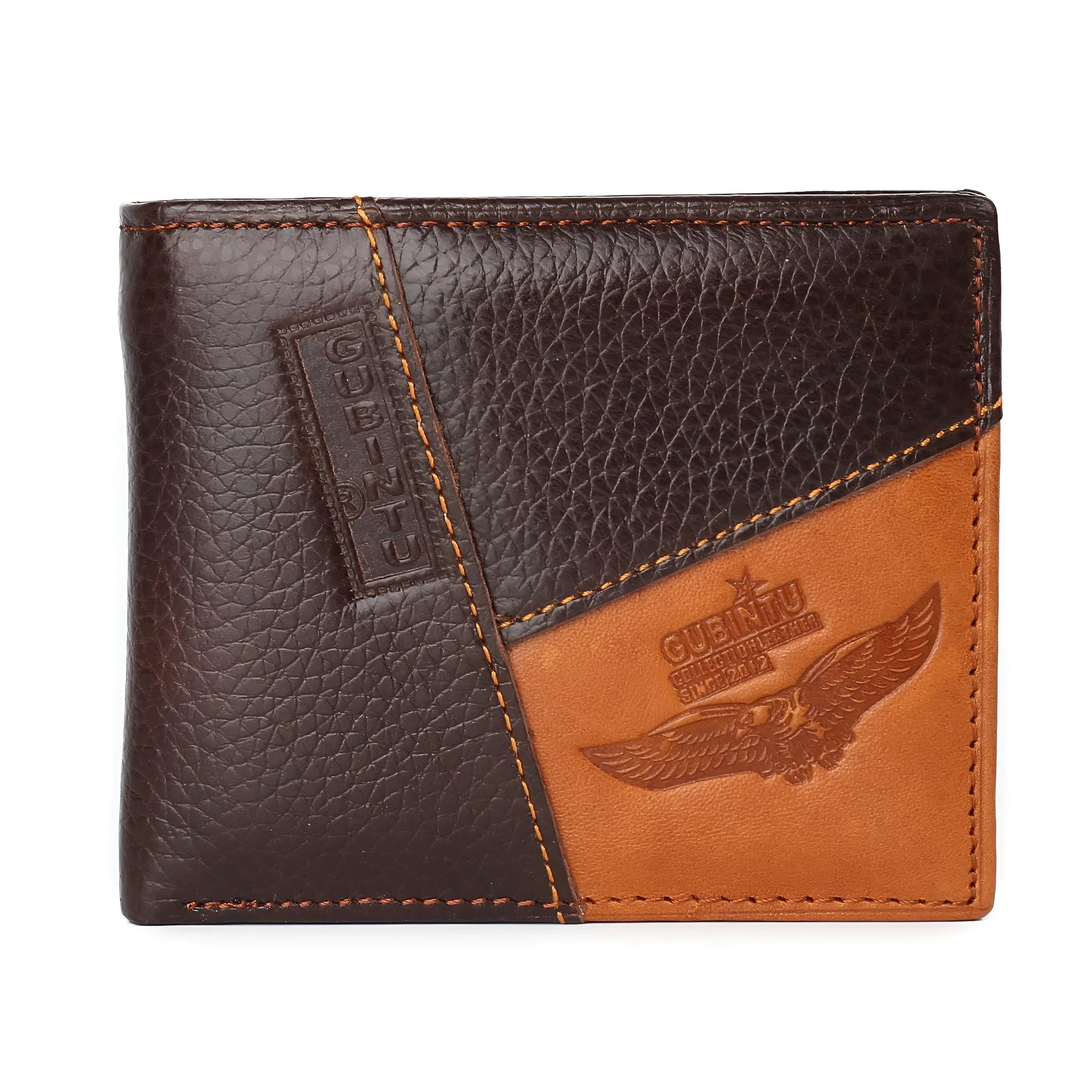 Men's brown leather wallet with contrast stitching, open to show card slots, bill compartment, and zipper section.