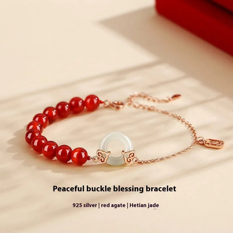 Women's sterling silver 925 peace buckle bracelet with xiangyun and fu character engraving