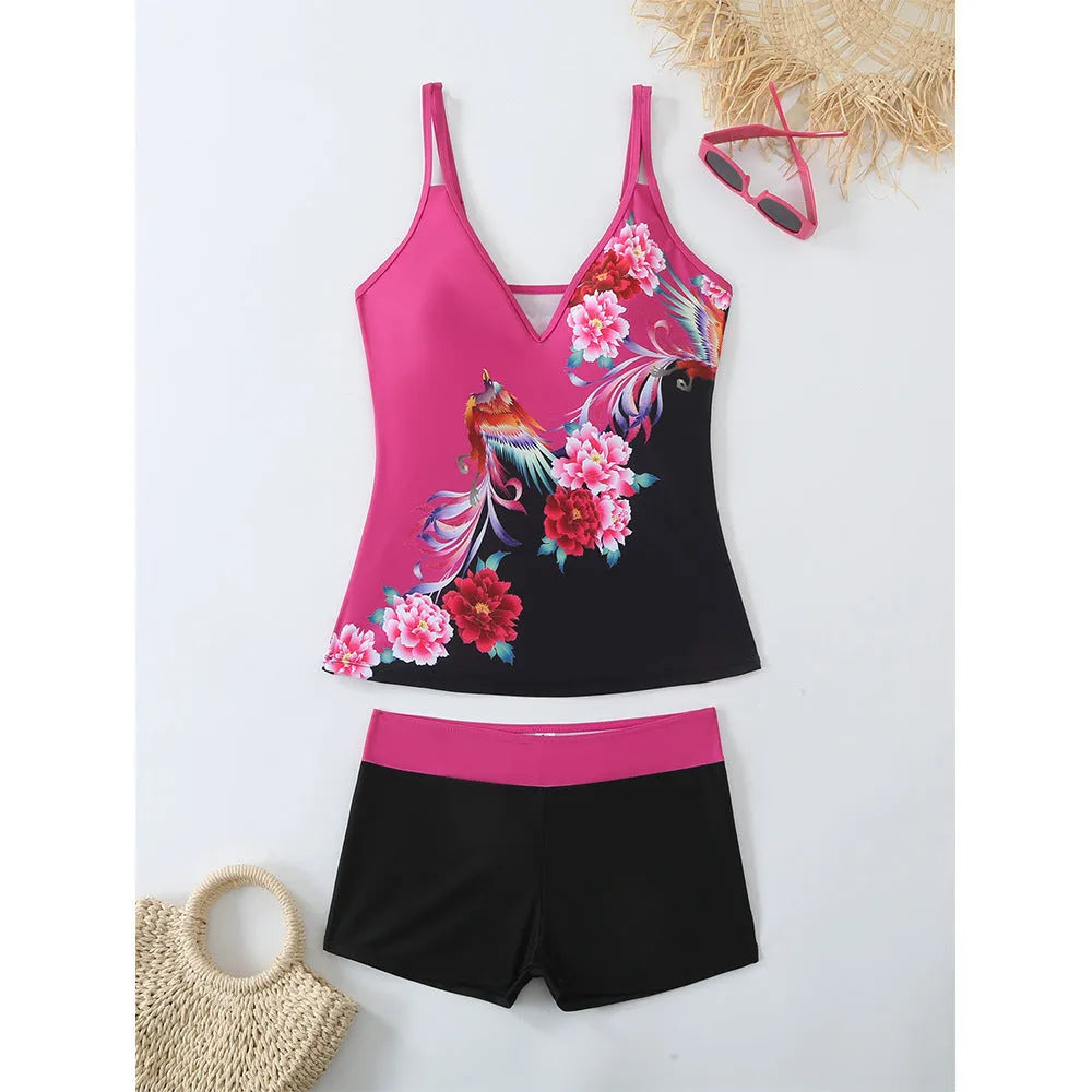 Plus size women's two-piece swimsuit briefs in black or rose red, made from polyester with cotton lining.