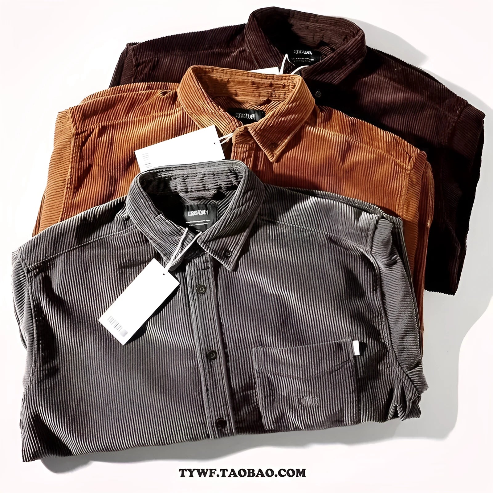 A caramel coloured corduroy loose shirt with long sleeves, shown in a cardigan style.