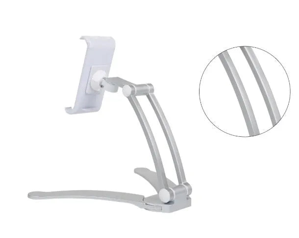 Silver aluminium alloy desktop tablet stand holding a tablet, showing 360-degree adjustable arm and mounting base.
