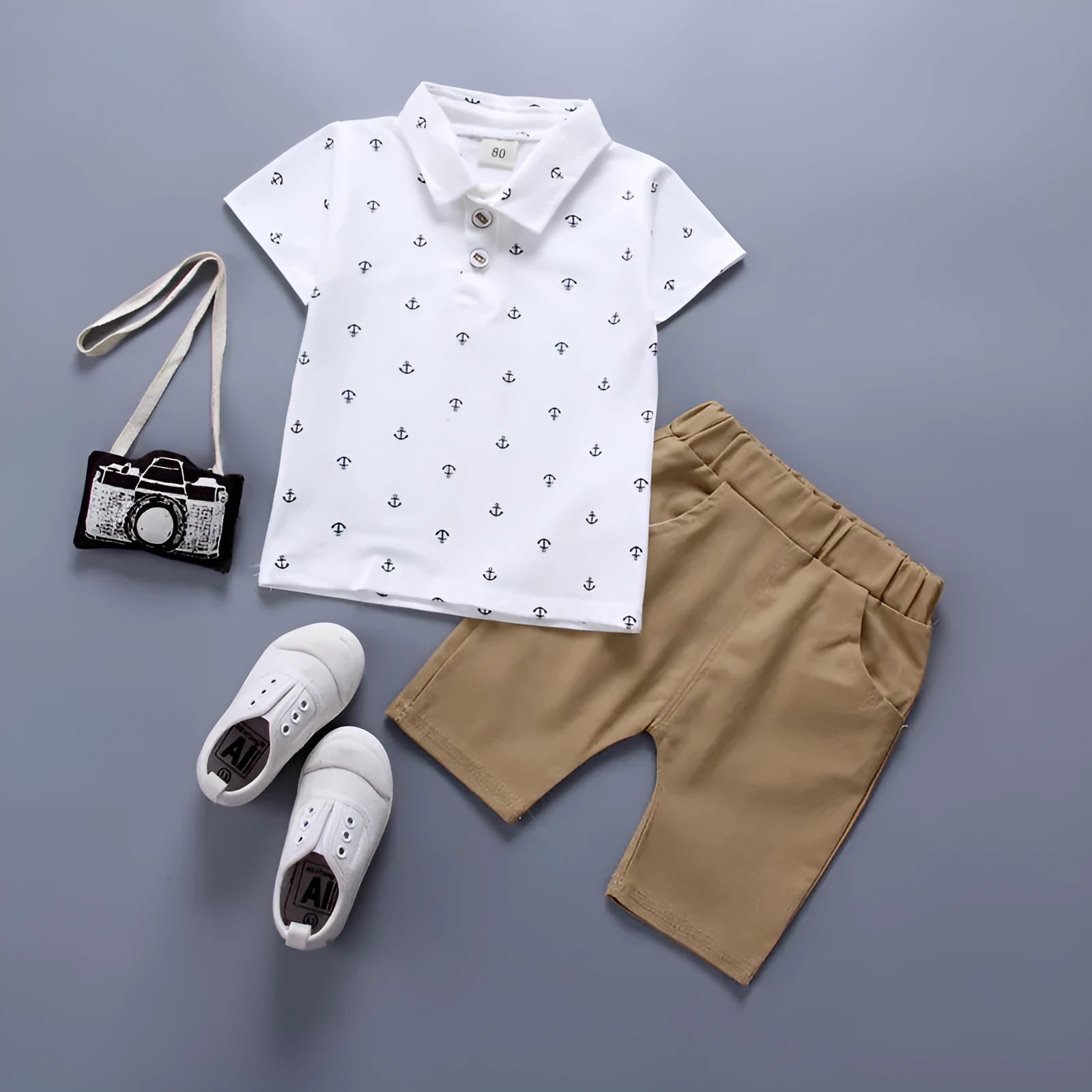 Anchor printed cotton children's trousers suit in Korean style with short sleeves