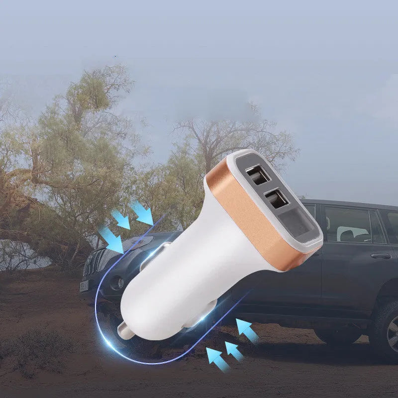 Gold mini digital display car charger with USB port shown next to a mobile phone