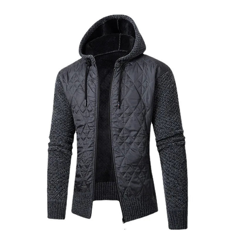 Men's grey hooded corduroy sweater coat with cinched waist on a hanger.