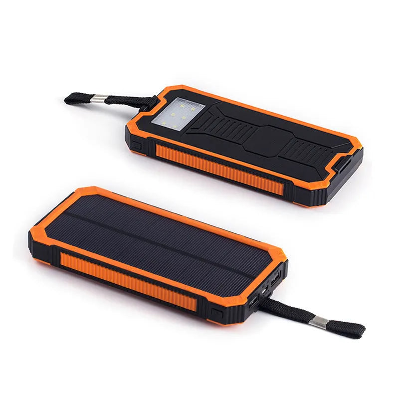 Solar power bank portable charger in black, green, orange, or yellow colours showing front and solar panel.
