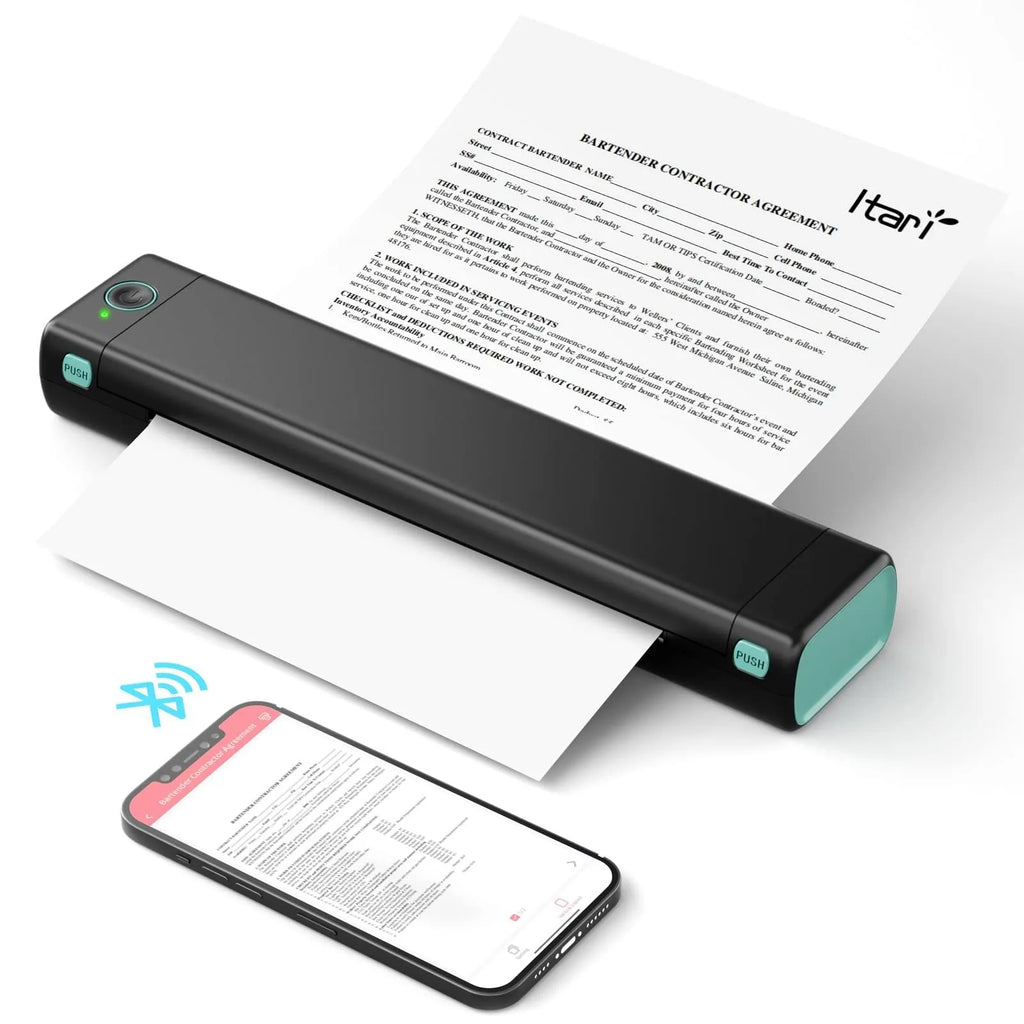 Phomemo M08F white portable A4 thermal printer with charging cable on desk