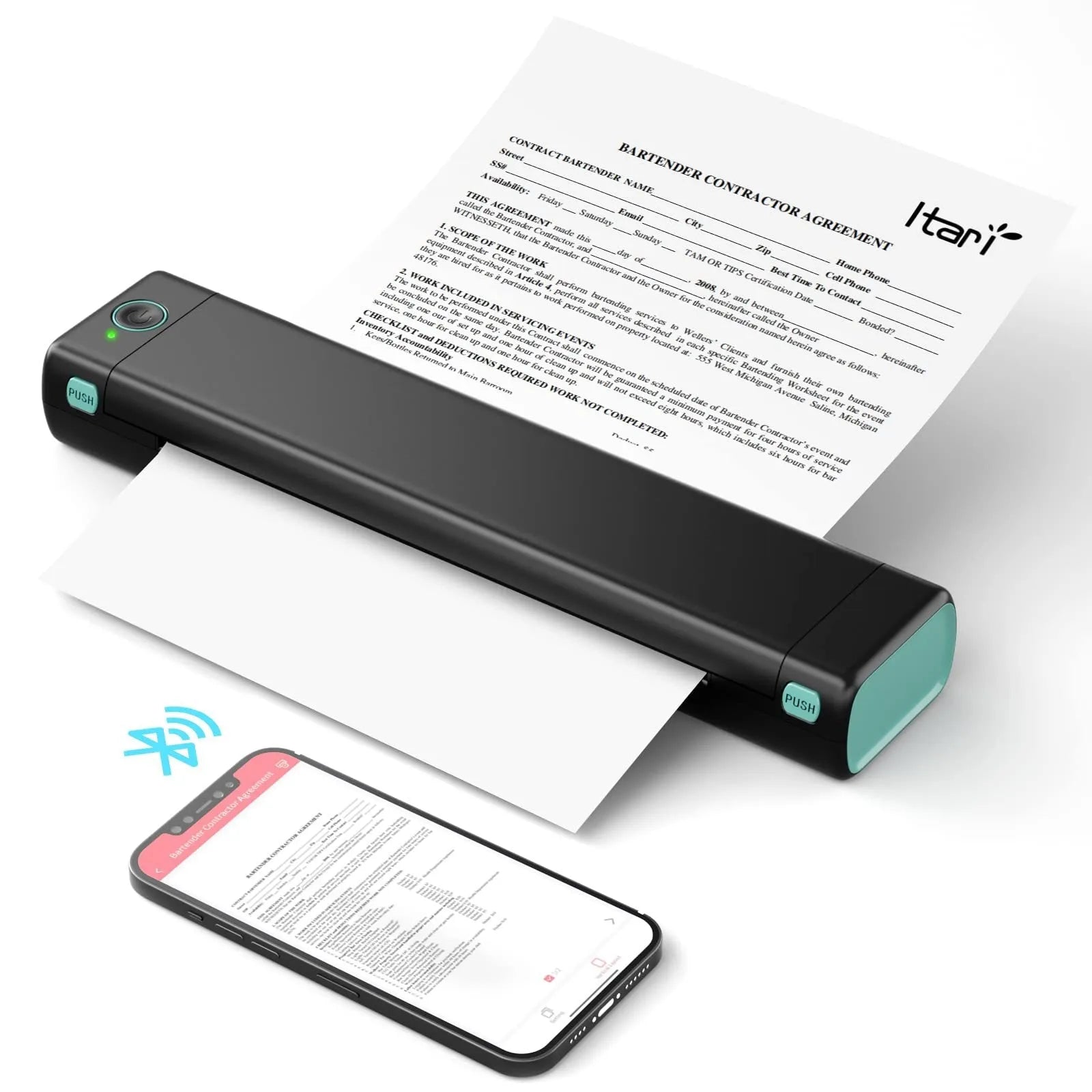 Phomemo M08F white portable A4 thermal printer with charging cable on desk
