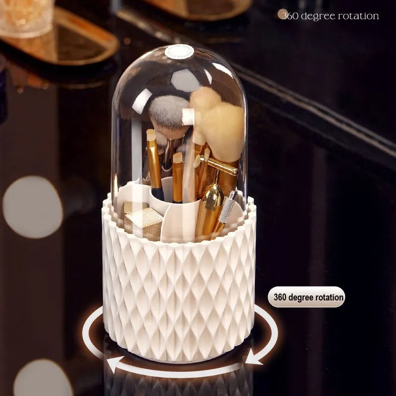 Transparent acrylic makeup brush storage box with rotating base and white brush tubes