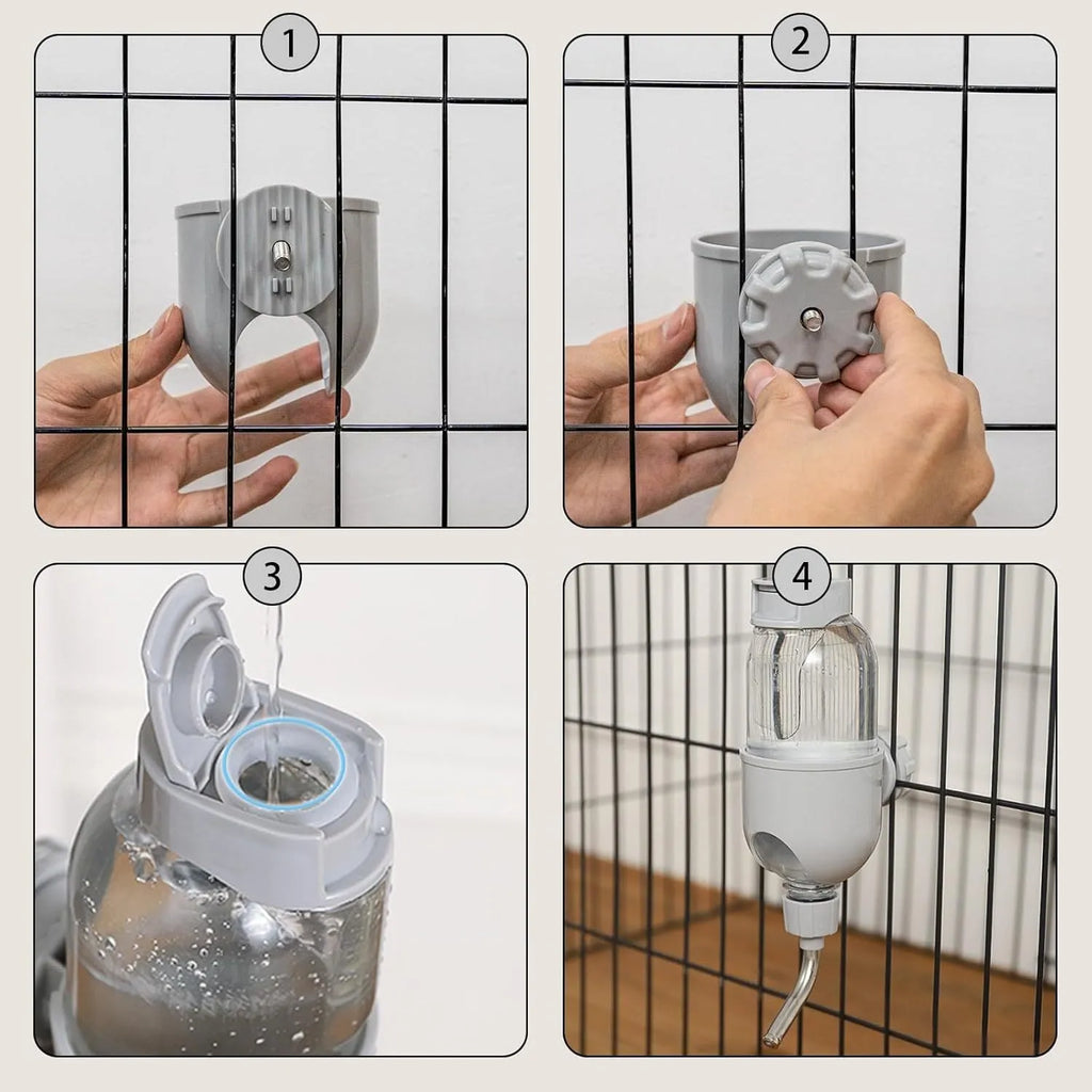 Blue pet water bottle with rotatable nozzle mounted on small animal cage
