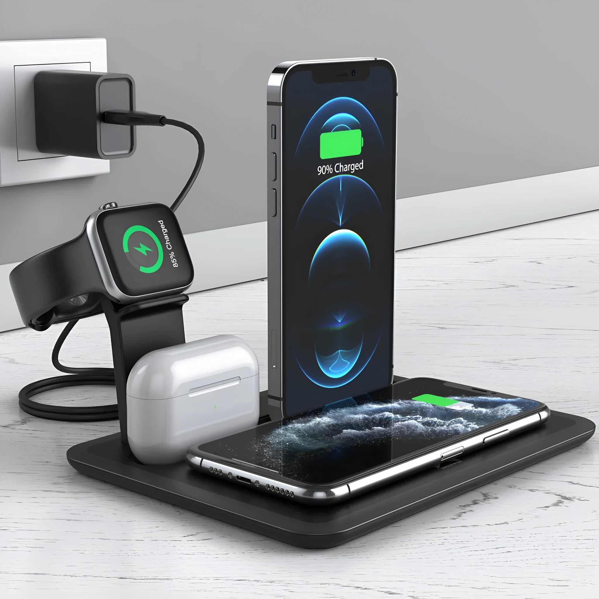 Black and white wireless desktop charging station for phones, headphones, and smartwatches with USB cable