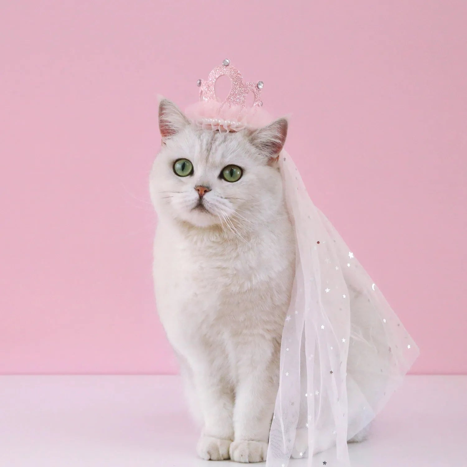 Pet princess crown headdress with veil in cotton polyester material, beige and pink colour options