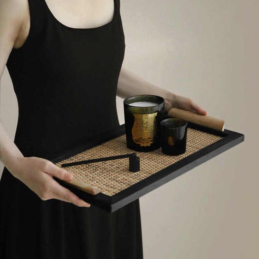 Pine wood dining tray with a serving compartment, shown in large and small size options.
