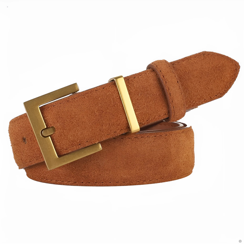 Ladies' brown leather pin buckle belt with a quadrilateral alloy buckle on a 100cm long strap.