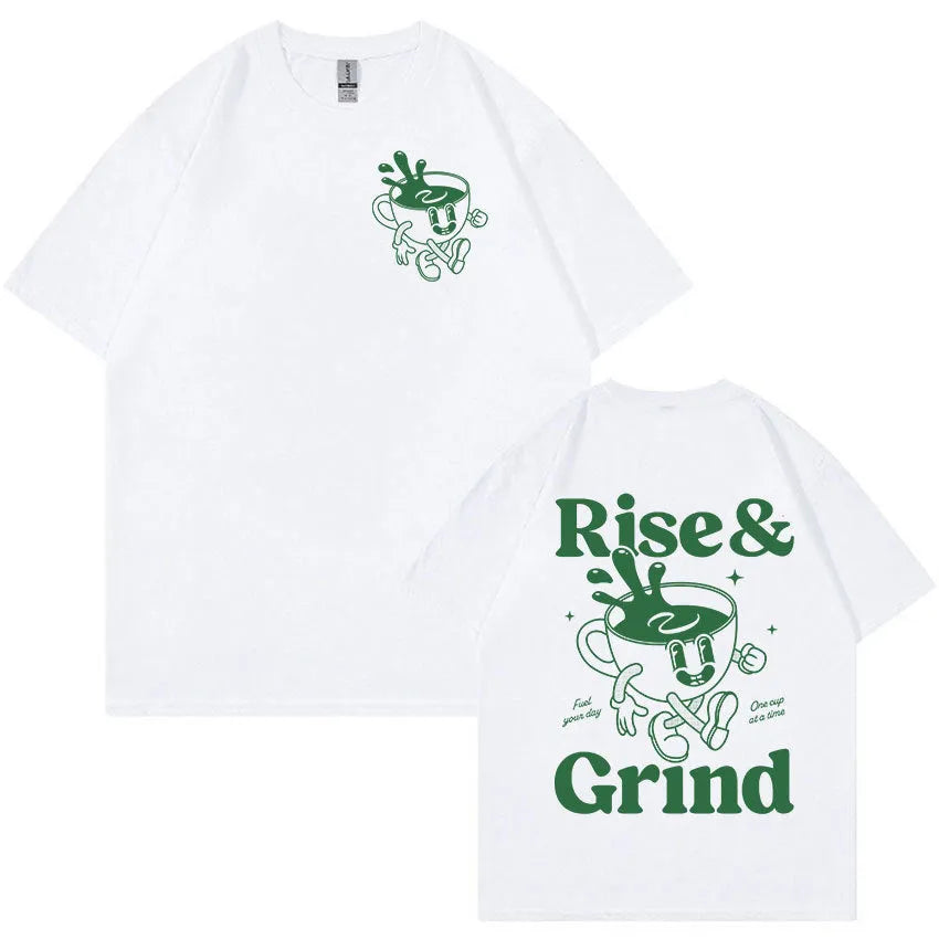 Men's loose fit black t-shirt featuring a green 'Rise and Grind Green Coffee' cartoon graphic print.
