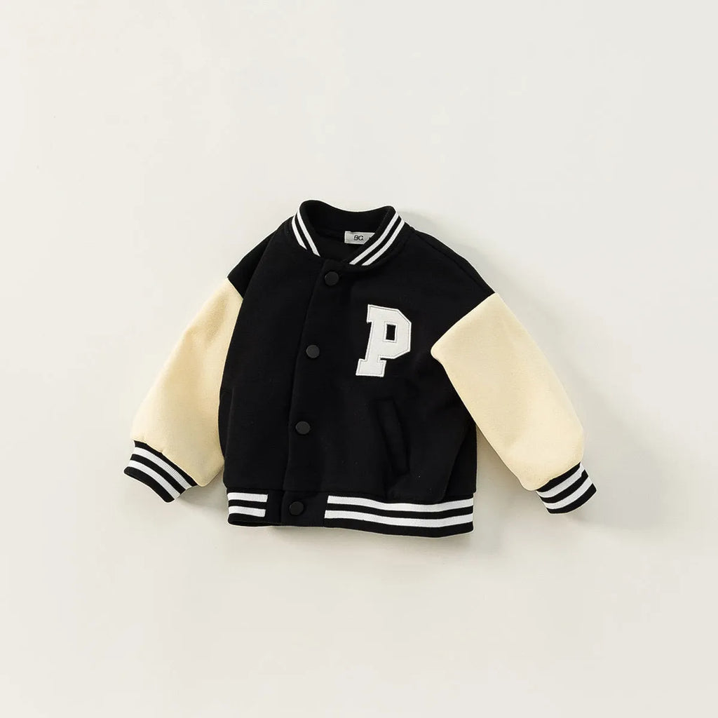 Black thickened velvet winter coat for children with round collar and letters pattern, front view