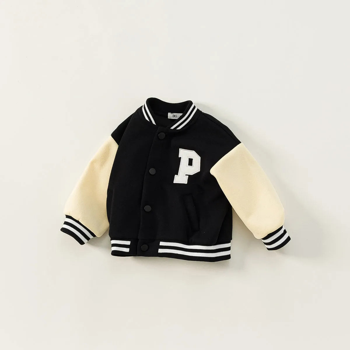 Black thickened velvet winter coat for children with round collar and letters pattern, front view